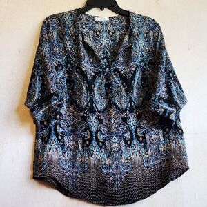 Renee C Womens Blue Paisley Medallion Dolman Sleeve V-Neck Blouse Made in USA
